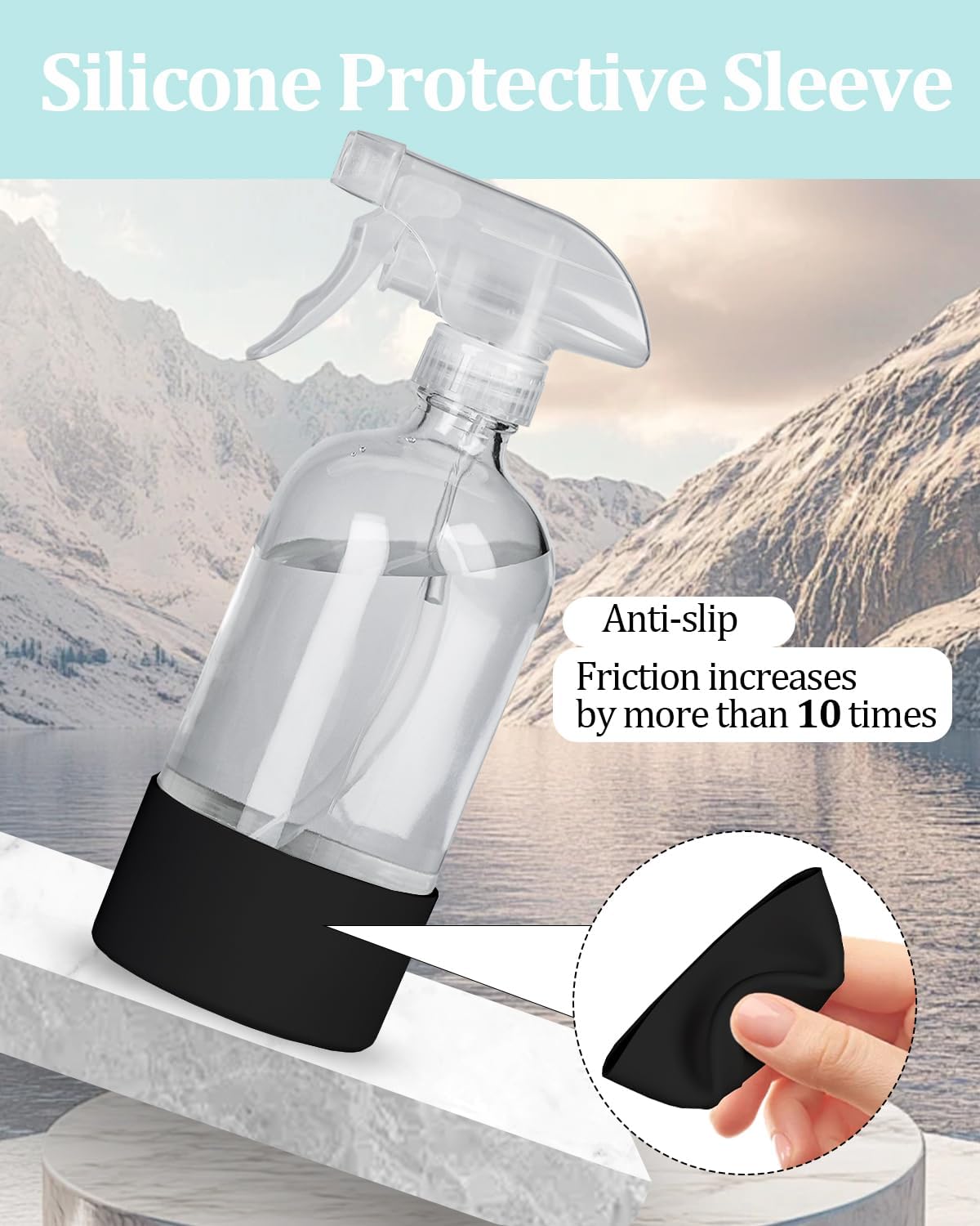 2 Pack 360° Glass Spray Bottles with Silicone Sleeve, 16 oz Empty Refillable Containers with Adjustable Spray Nozzles, Spray Bottles for Hair, Cleaning Solutions and Plants Black