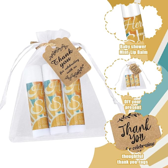 Demissle 50 Pcs Baby Shower Lip Balm Gift Set with 100 Pcs Organza Bags Baby Shower Party Favor for Guest Thank You Tag Rope Baby Shower Party Decoration Gender Reveal Souvenirs(Colorful Stripes)