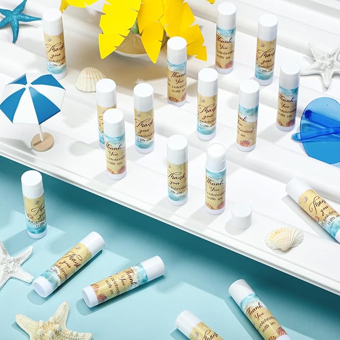 Dunzy 50 Pcs Thank You Gift Lip Balm Bulk Baby Shower Party Favors Bridal Shower Favor Lip Care with Assorted Fruit Flavors Thank You Lipstick for Guest Basket Gift Stuffer (Summer Beach)