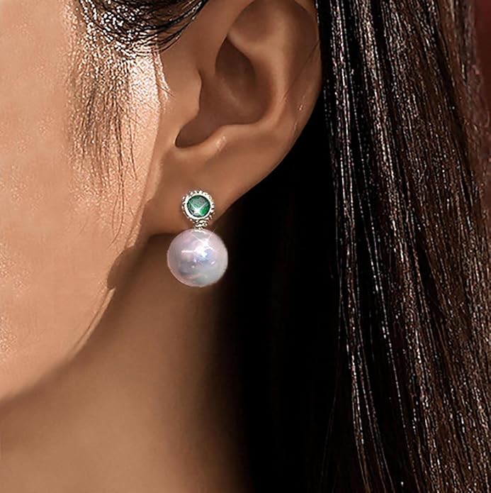 Vintage Emerald Pearl Earrings Gold Pearl Drop Earrings Green Emerald Studs Earrings Rhinestone Pearl Emerald Earrings Jewelry for Women