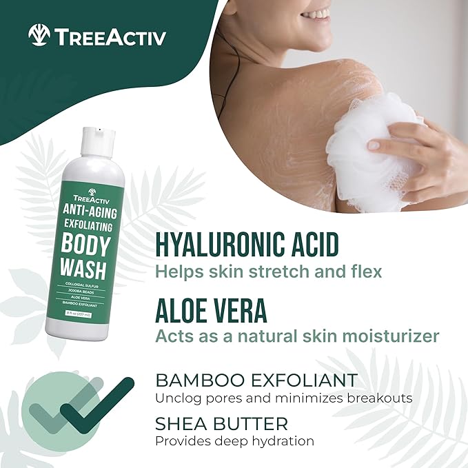 TreeActiv Crepey Skin Repair Kit, Includes Anti-Aging Exfoliating Body Wash, 8oz, Crepe Skin Cream, 8oz, Skin Tightening Cream for Body and Face. Hydrates and Tighten Dry Crepe Skin, Crepe Skin Cream