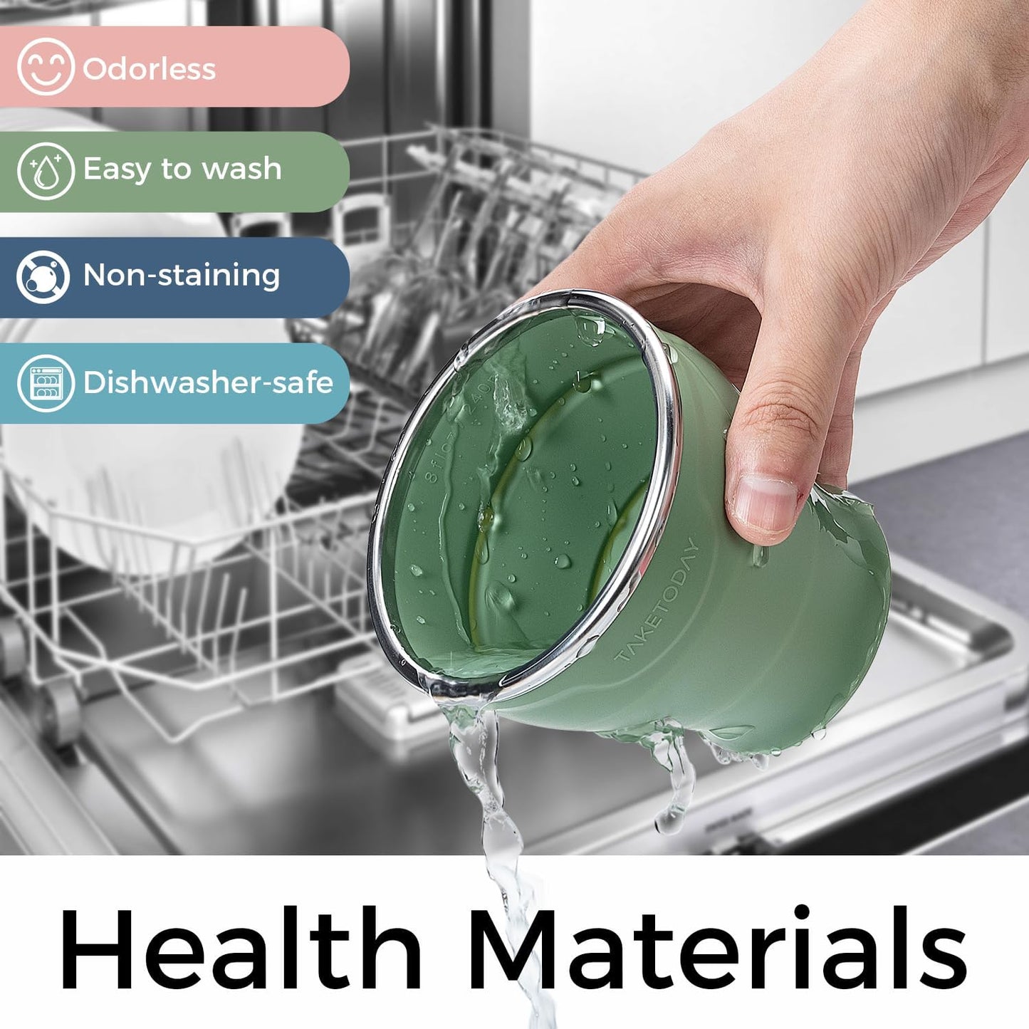 TakeToday Collapsible Travel Cup - Silicone Foldable Water Cup, BPA-Free with Lid & Waterproof Bag - Drinking Cup Set for Office, Camping & International Travel（8 Oz, Green）