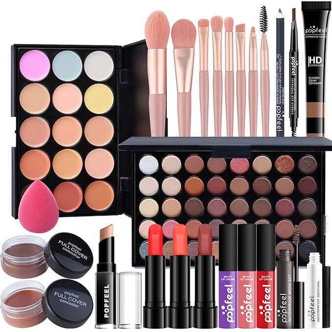 Pure Vie All-in-One Holiday Gift Surprise Makeup Set Essential Starter Bundle Include Eyeshadow Palette Lipstick Concealer Blush Mascara Eyeliner Face Powder Lipgloss Brush - Full Makeup Kit for Women
