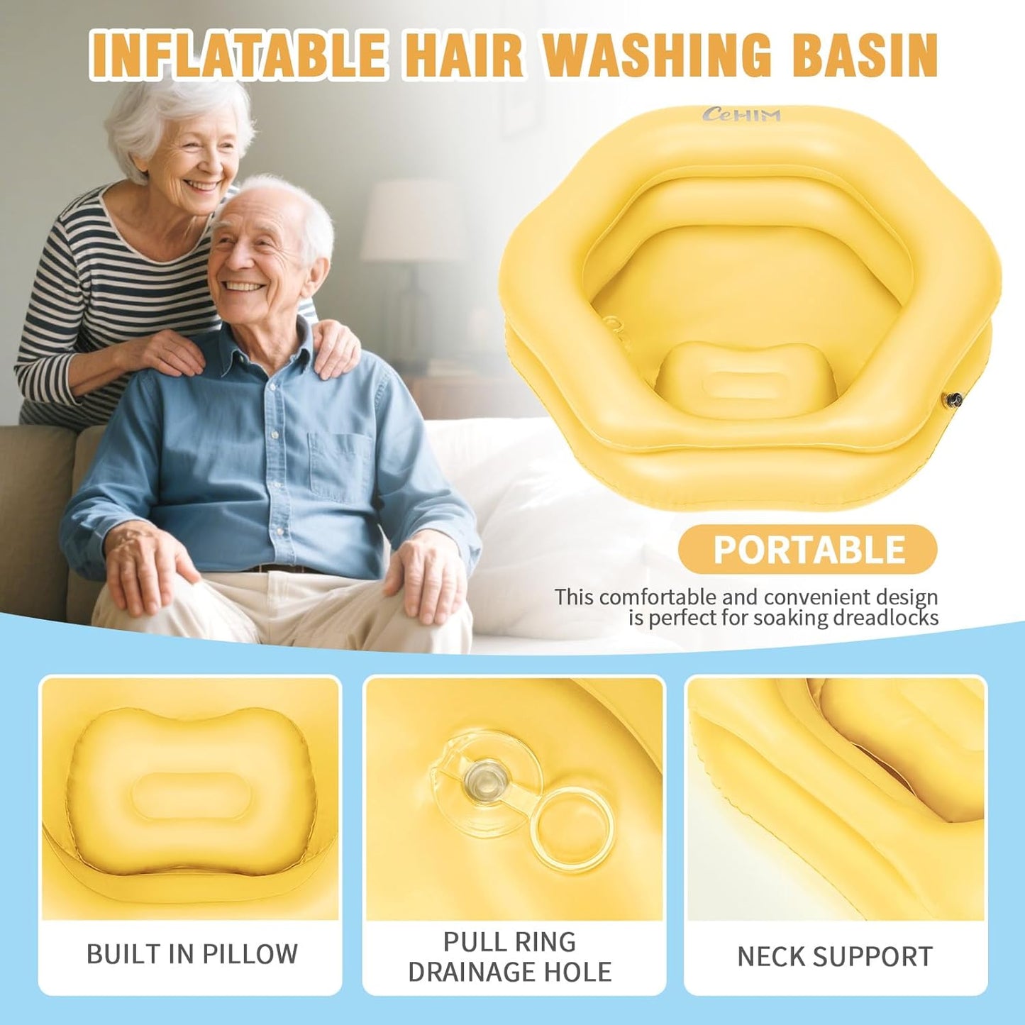 Inflatable Shampoo Basin for Bedridden, Elderly & Disabled - Petal-Shape Large Size, 360° Neck Support, Central Drain Hole with Pull Ring | Leak-Proof PVC Portable Hair Washing Bowl (Yellow)