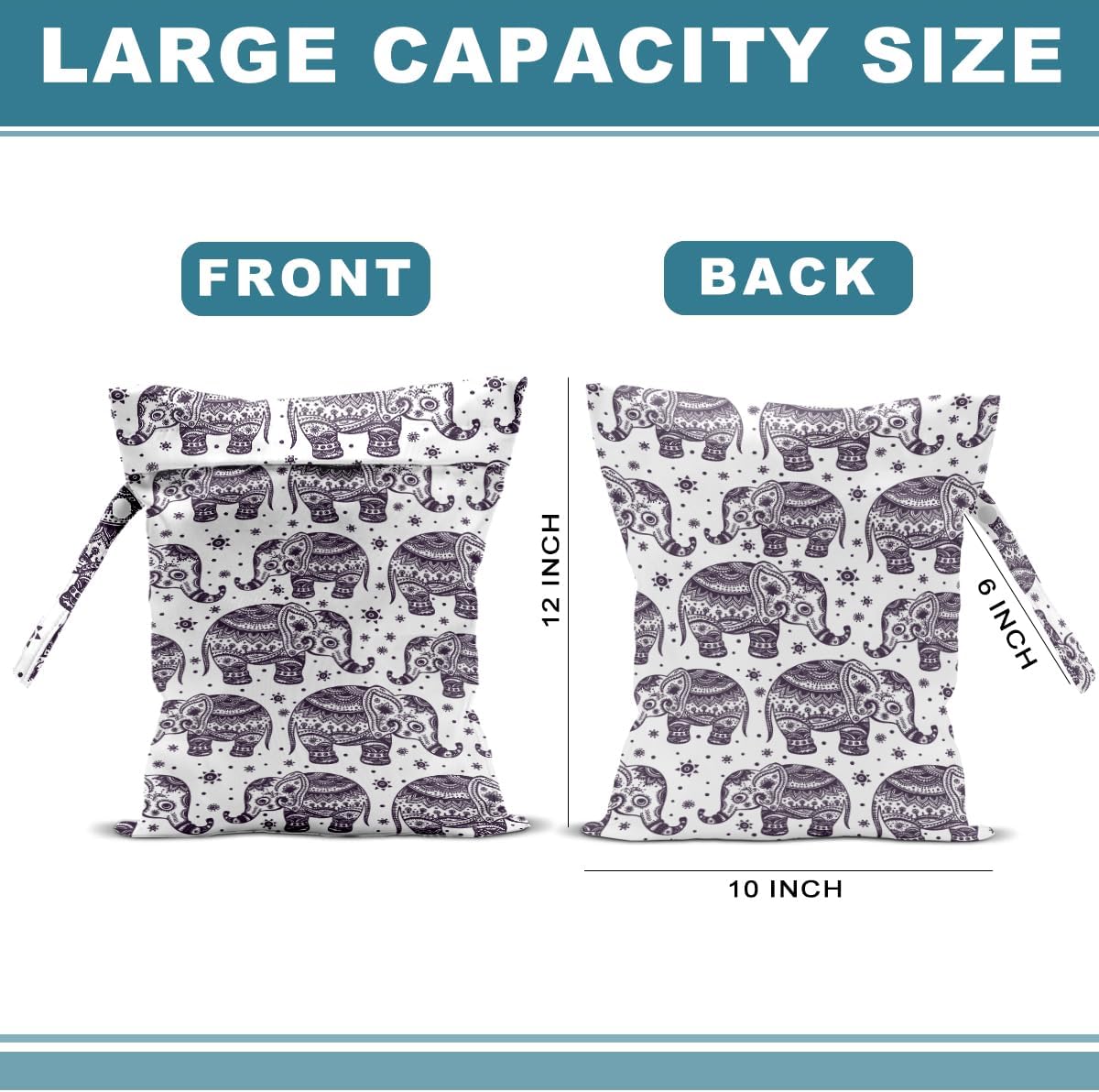 2Pcs Elephant Wet Bag 12x10 Inch, Exotic Elephants Waterproof Travel Laundry Bags, Washable Reusable Wet Dry Bag for Swimsuit Beach Diapers Dirty Yoga Gym Clothes, Elephant Gifts for Women Friend