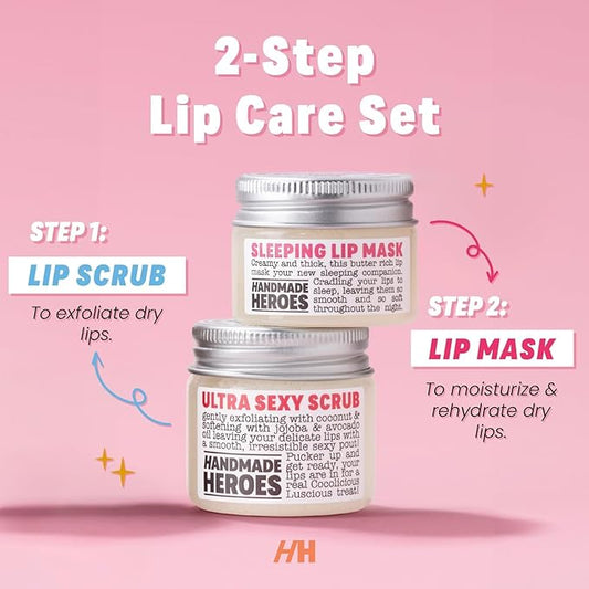 Handmade Heroes 100% Natural Coconut Lip Exfoliator & Lip Mask Gift Set - Gentle Exfoliant Sugar Lip Polish & Moisturizer for Chapped & Dry Lips