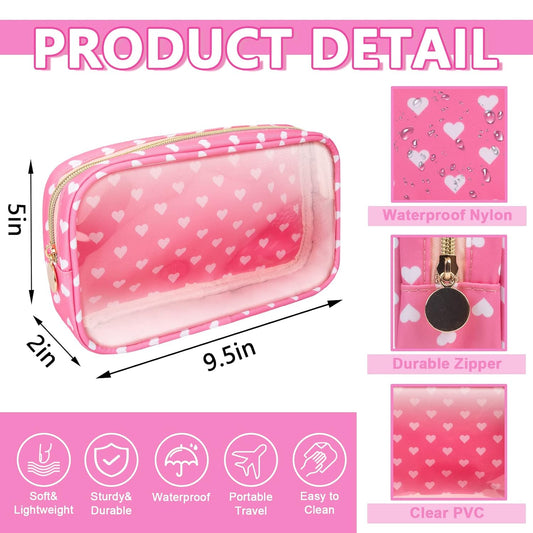 Clear Small Makeup Bag with Zipper, Nylon&PVC Cosmetic Travel Bag Preppy TSA Approved Toiletry Bag for Women Girls, Transparent Waterproof Makeup Pouches Cute Travel Bag for Purse(Small-Pink Heart)