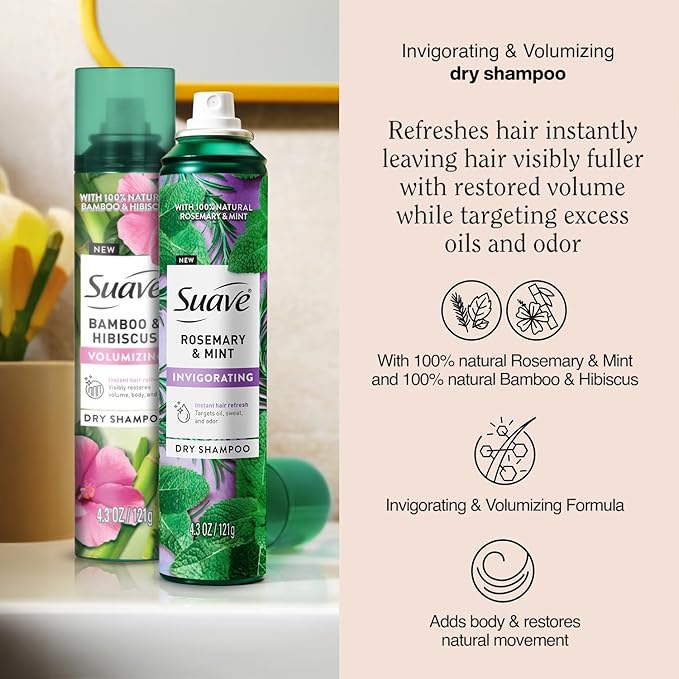 Suave+ Dry Shampoo Spray Variety 2-Pack – Invigorating Rosemary & Mint + Volumizing Bamboo & Hibiscus, 4.3 Oz Ea