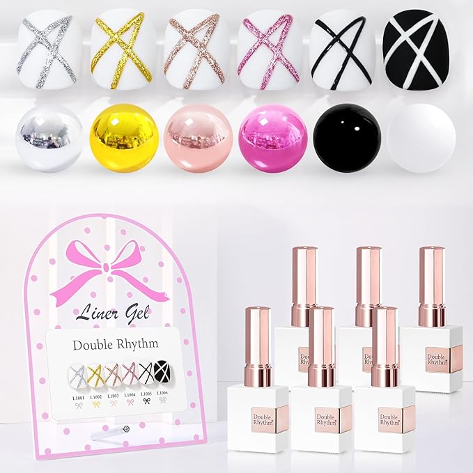 Double Rhythm 6 Pcs 15 ML Gel Liner Polish Nail Art Set Chrome Metallic Glitter Soak Off Gel Polish Kit Nail Art Manicure Salon DIY at Home for Women (Gold Silver Black White-T6-52)
