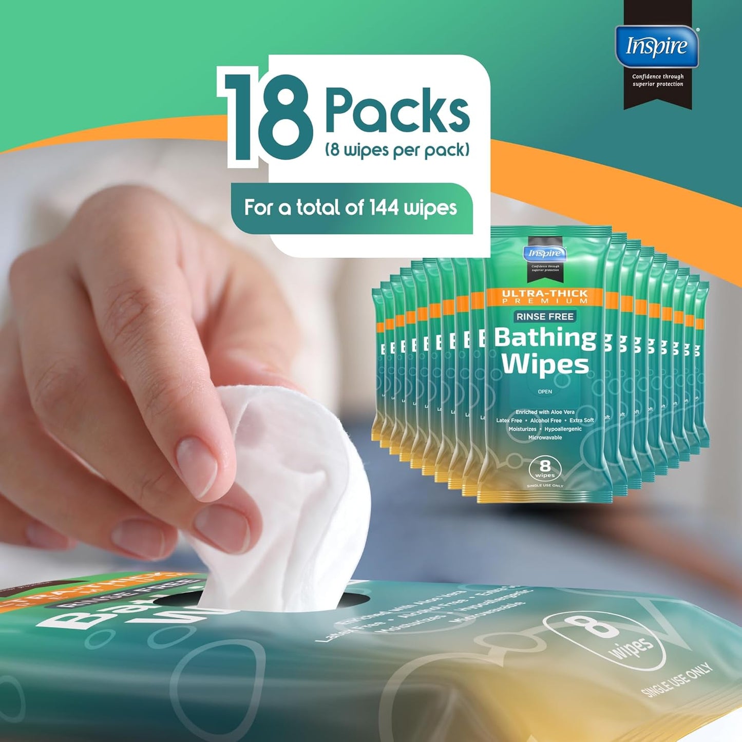 Inspire Ultra Thick Rinse Free Body Wipes, Bathing Wipes, Rinse Free Wet Wipes, Thick Strong Extra Large With Aloe Vera Enriched