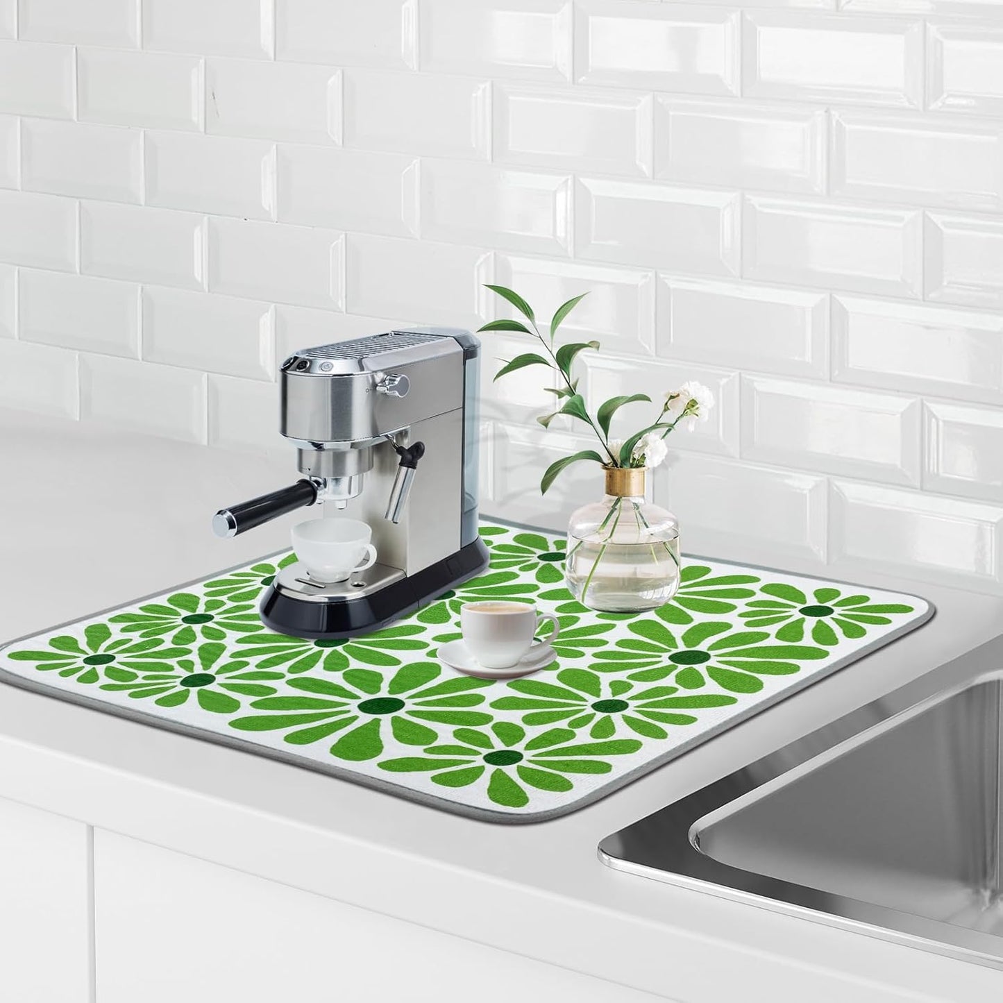 SHIYUE Dish Drying Mat for Kitchen Counter Super Absorbent Spring Kitchen Decor Microfiber Drying Matainers Rack Fast Pad Dish Drainer Mats(Cute Green Flower,18''x24'')