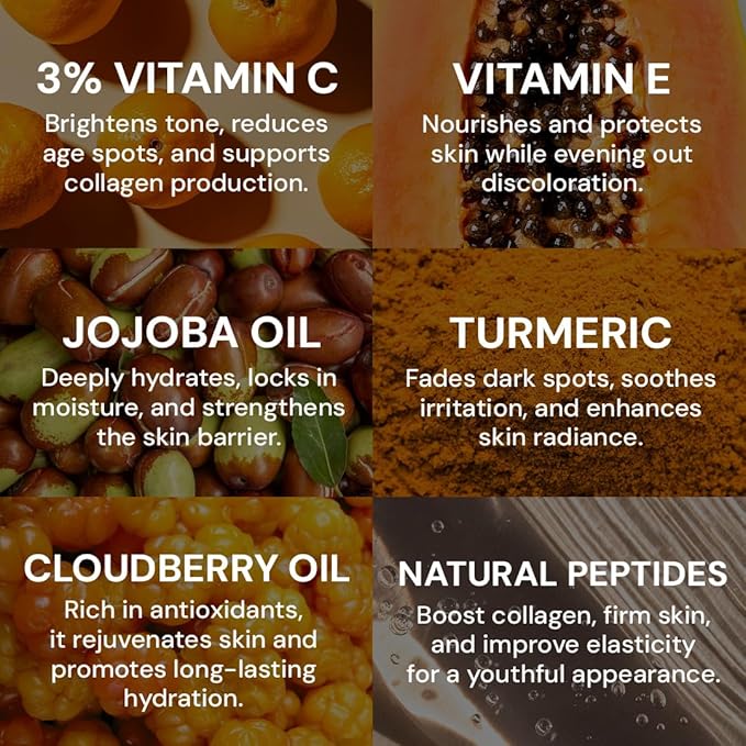 Gleamin Brightening Face Oil with Vitamin C & E, Turmeric, Jojoba & Cloudberry | Hydrating Facial Oil for Radiant Glow, Dark Spots, Fine Lines & Uneven Tone | Skin Brightening for Women & Men, 1 Fl Oz