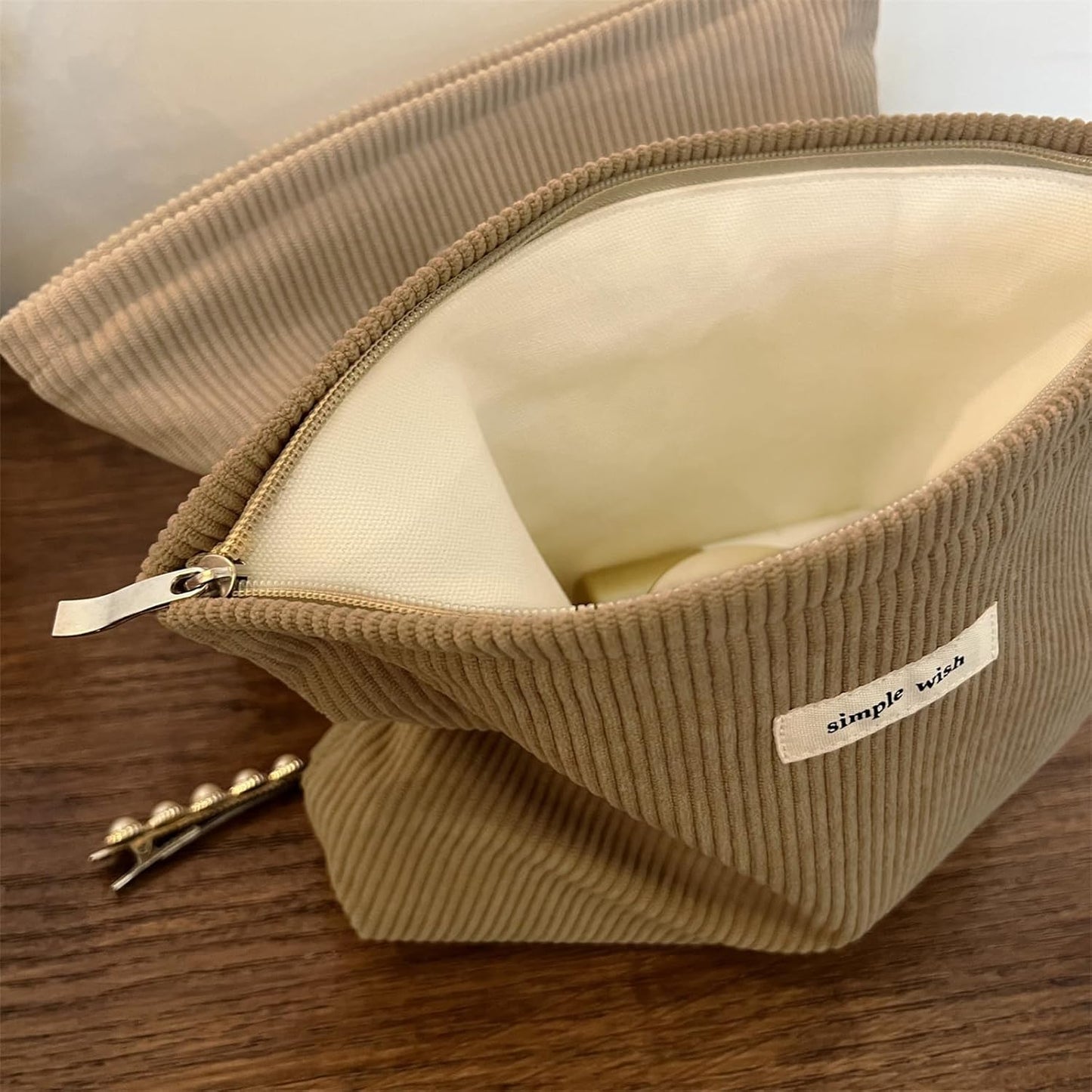 Wudygirl Corduroy Makeup Bag Cosmetic Bag for Women Cute Makeup Organizer Travel Cosmetic Pouch Toiletry Bag Aesthetic Handbag Pouches for Purse with Zipper (Camel)