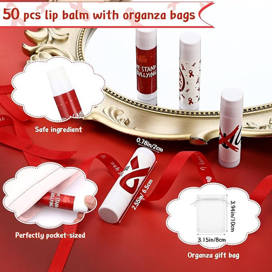 Fumete 50 Pcs Red Awareness Ribbon Lip Balm Bulks Red Ribbon Week Support Gift Red Ribbon Week Supplies Mental Health Awareness Items for Unisex Adults Volunteer Fundraising Charity Activity
