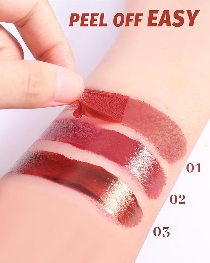 Peel Off Lip Tint Stain Set-3Pcs Pink Rose Tattoo Lip Liner Stain with Matte Finish,Lip Gloss Longlasting Waterproof Nonstick Tinted Colored Lipliner Lipstain,Lip Makeup Gift Kit for Girl Women