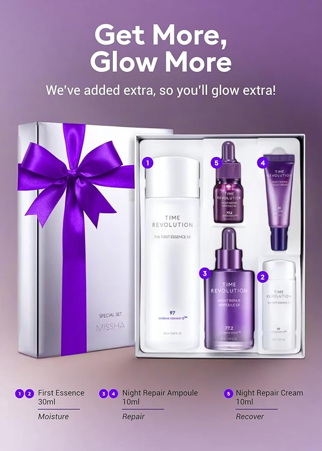 MISSHA Time Revolution Gift Set The First Essence 5X & Night Repair Ampoule 5X for Radiant, Youthful Skin