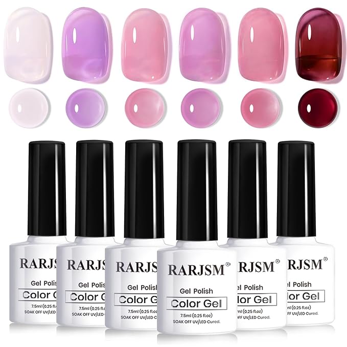 RARJSM Purple Pink Jelly Gel Nail Polish Set 6pcs Clear Crystal Glass Grape Purple Rose Pink Series Transparent Sheer Amber Milky Gel Varnish LED UV Curing Requires Soak off French Manicure Home Salon
