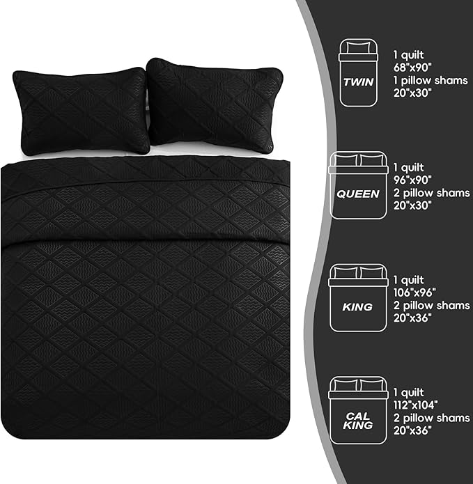 Yiran Quilt Queen Size Bedding Set Black Bedspreads Embossed Diamond Pattern Soft Microfiber Coverlet Bedding Set for All Season with 2 Pillow Shams (Full Queen, 96x90 Inch)