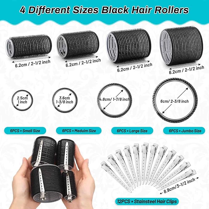 Selizo Hair Curlers 36 Pcs Set with 24Pcs Hair Curlers 4 Sizes and 12 Pcs Hair Clips for Long Medium Short Thick Hair, Black