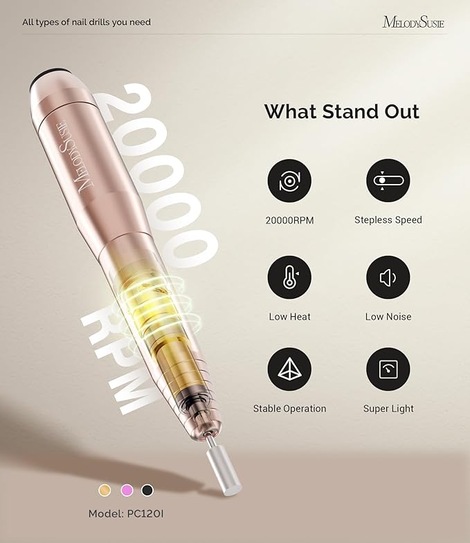 MelodySusie Electric USB Nail Drill Machine,PC120I Portable Electric Nail File Efile Set for Acrylic Gel Nails, Manicure Pedicure Tool with Nail Drill Bits Sanding Bands Gold