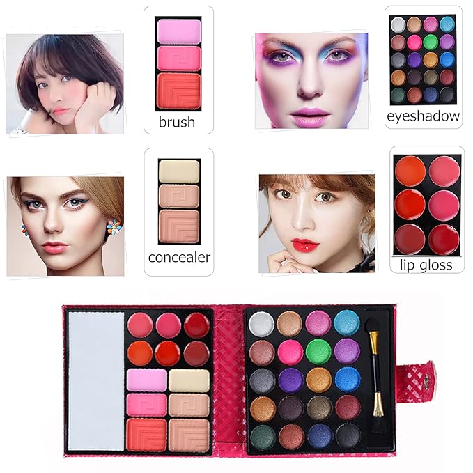 Professional All In One Makeup Kit Colorful 20 Eyeshadow, 6 Lip Glosses 3 Blushers 2 Powder 1 Concealer 1 Mirror 1 Brush, Long Lasting Beauty Full Makeup Set, Present Gifts for Girls Women