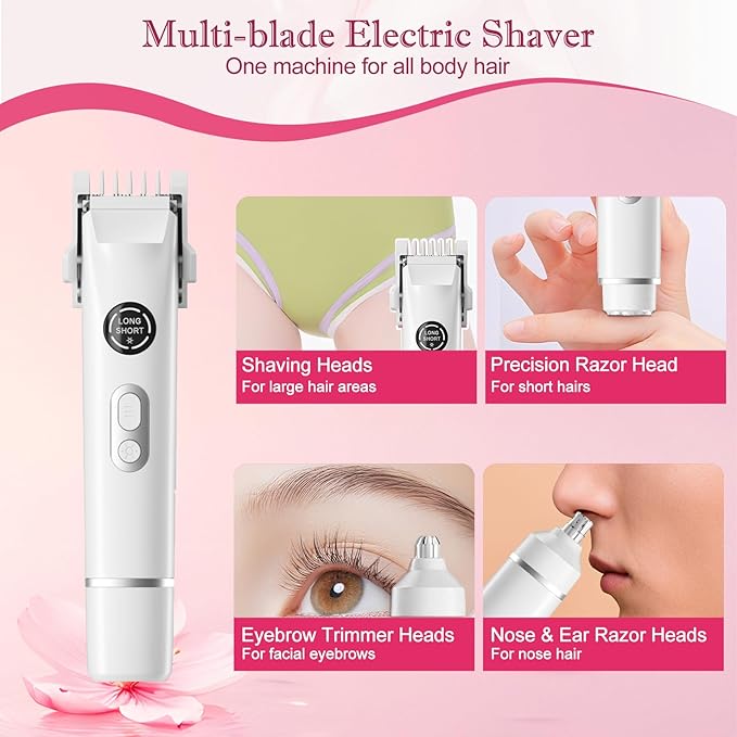 Upgrade Dermave Bikini Shaver, Dual Head 4 in 1 Bikini Trimmer for Women, IPX7 Waterproof Wet & Dry Use Electric Razor with Led Light and Display for Nose, Eyebrow, Bikini, Body (White)