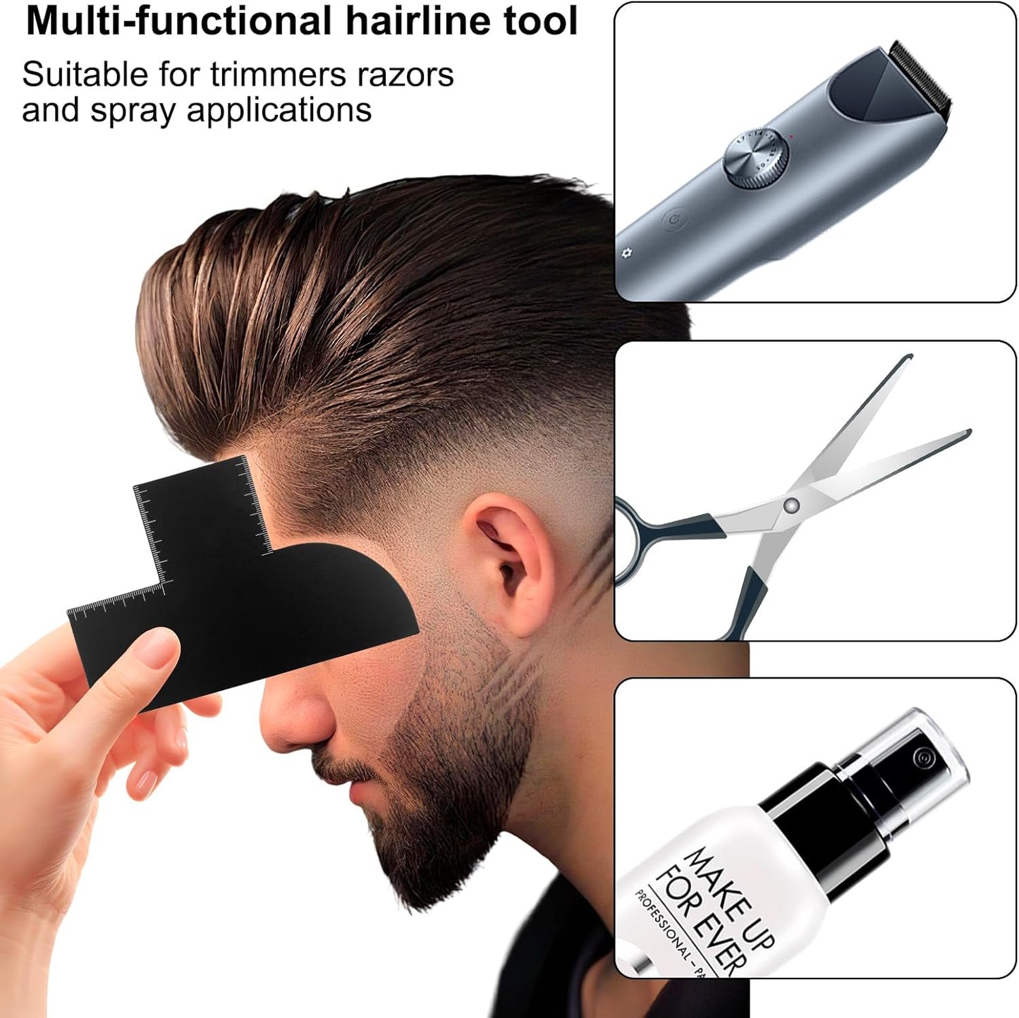 Barber Hairline Enhancement Card Set with Measurement Indicators, 4 Reusable Beard & Edge Up Shaping Tools for Spray Color, Hairline Stencil Template with Storage Ring for Line-Up and Fade Precision
