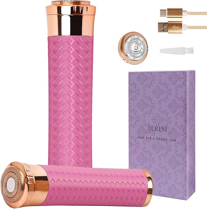 Facial Hair Remover for Women, Painless Rechargeable Hair Removal Device, Comes with 2 Replacement Heads, Portable Electric Shaver/Razors for Face, Chin, Upper Lip, arms and Peach Fuzz (Pink)