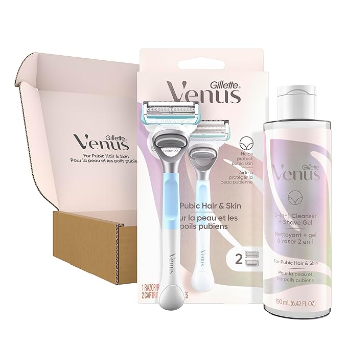 Gillette Venus for Pubic Hair and Skin Shaving Set, Women’s Razor, 1 Handle + 2 Blade Refills + 2-in-1 Cleanser