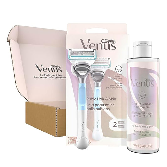 Gillette Venus for Pubic Hair and Skin Shaving Set, Women’s Razor, 1 Handle + 2 Blade Refills + 2-in-1 Cleanser