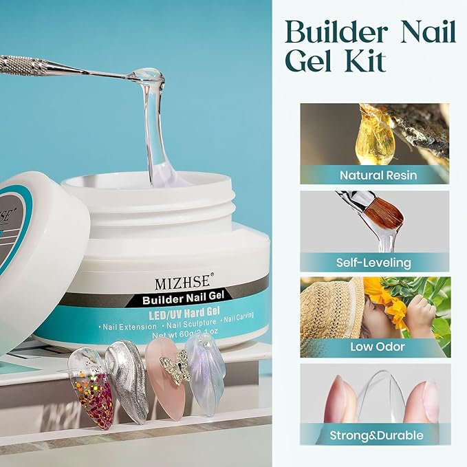 MIZHSE Builder Gel For Nails - 60g Clear Hard Gels Builder Nail Gels For Extension Gel Nails Strengthen Nail Art Manicure Kit With 100pcs Dual Forms And Brush