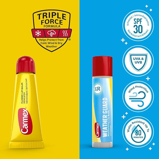 Carmex Lip Balm Bundle, 12 Count (9 Classic Lip Balm Tubes, 3 Weather Guard Lip Balm with SPF 30 Sticks)