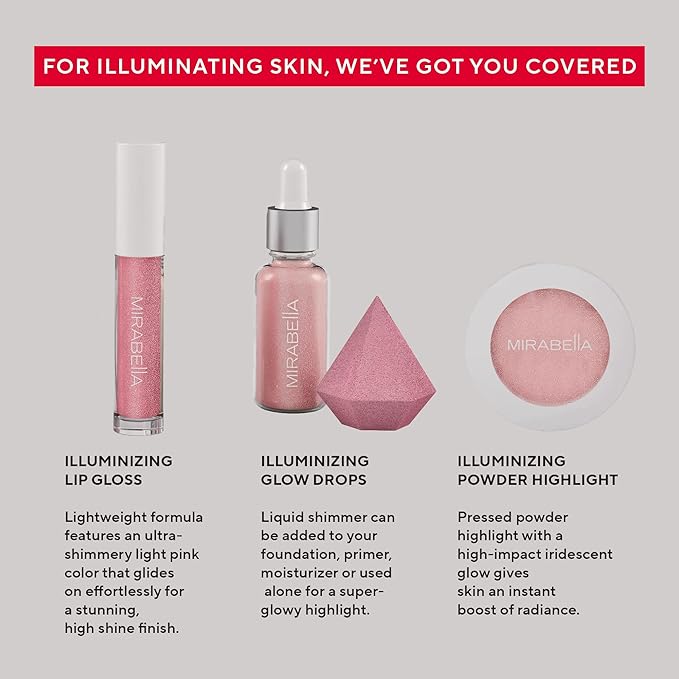 Mirabella 4-Piece Makeup Set for Women & Girls, Illuminizing Holiday Gift Set - Make-Up Set Includes Lip Gloss, Glow Drops, Powder Highlight & Blender Sponge - Talc-Free & Paraben Free Cosmetic Set