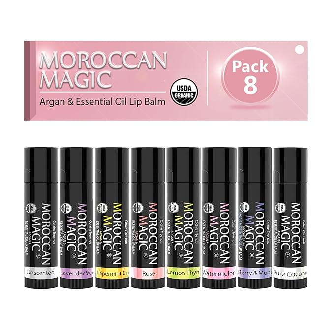 Moroccan Magic Organic Lip Balm Variety Pack Gift Set | Natural Argan and Essential Oils | Smooth | Non-Toxic Cruelty Free | 8 Pack