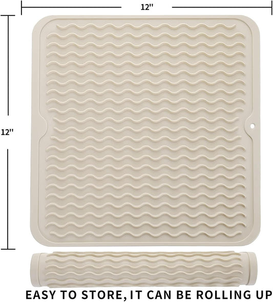 Silicone Dish Drying Mat for Multiple Usage,Easy clean,Eco-friendly,Heat-resistant Silicone Mat for Kitchen Counter or Sink,Refrigerator or Drawer liner Tapioca M 12 inches x 12 inches
