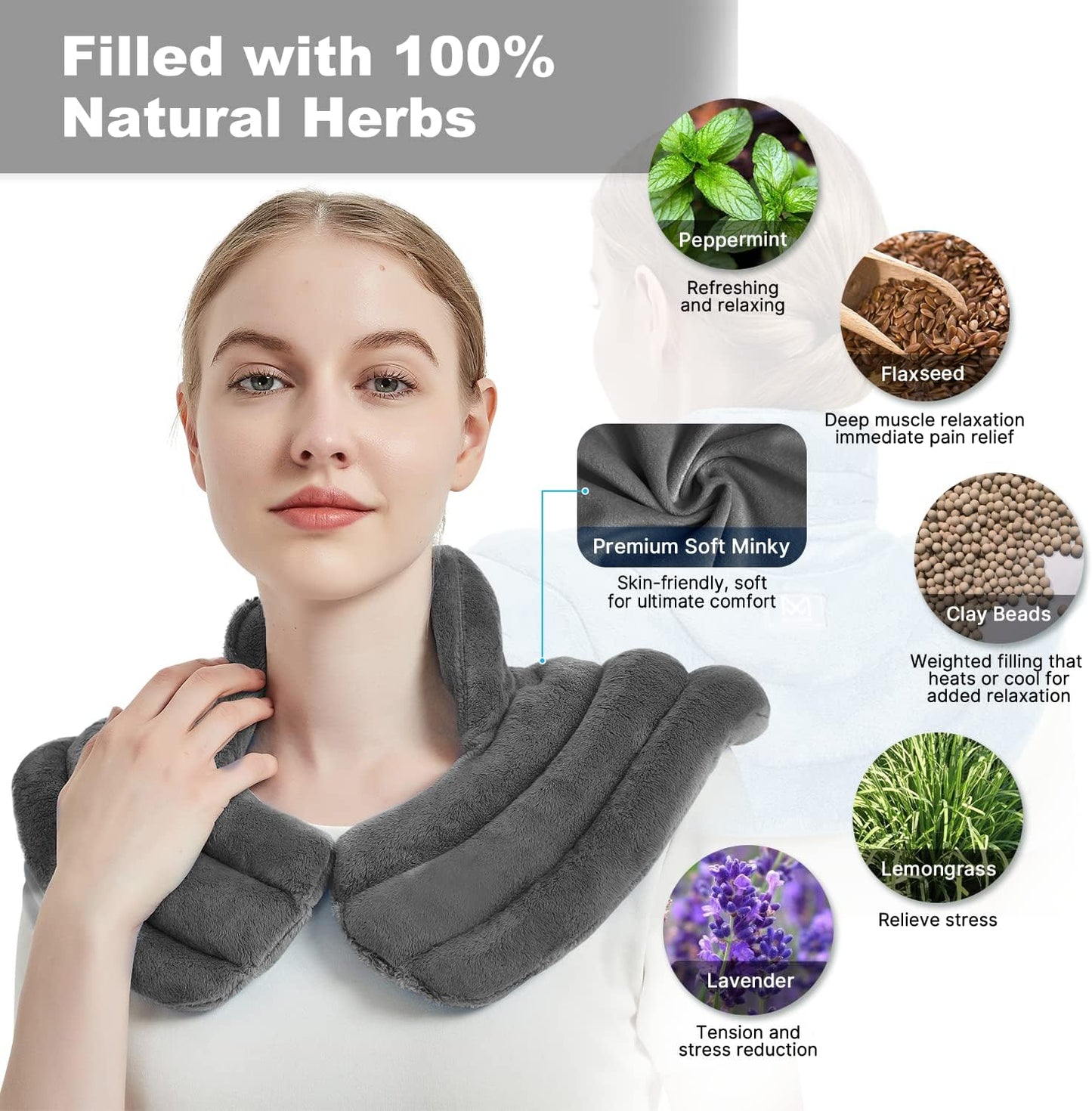 Neck Heating Pad Microwavable for Shoulders, Warmer Wrap Microwave Heating Pad for Neck and Shoulders for Pain Relief (Gray)