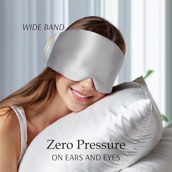 Zenssia 100% Mulberry Silk Sleep Mask Eye Mask for Man and Woman with Adjustable Headband, Full Size Large Sleep Mask & Blindfold for Total Blackout for All Night Sleep, Travel & Nap-Silvergrey