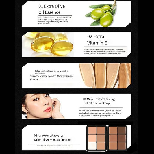 Makeup Cream Contour Palette with Makeup Brush, 12 Shades Full Cover Creamy Concealer and Highlighting Makeup Kit for Under Eye Dark Circles, Acne & Blemishes, Reduces Redness, Light to Dark