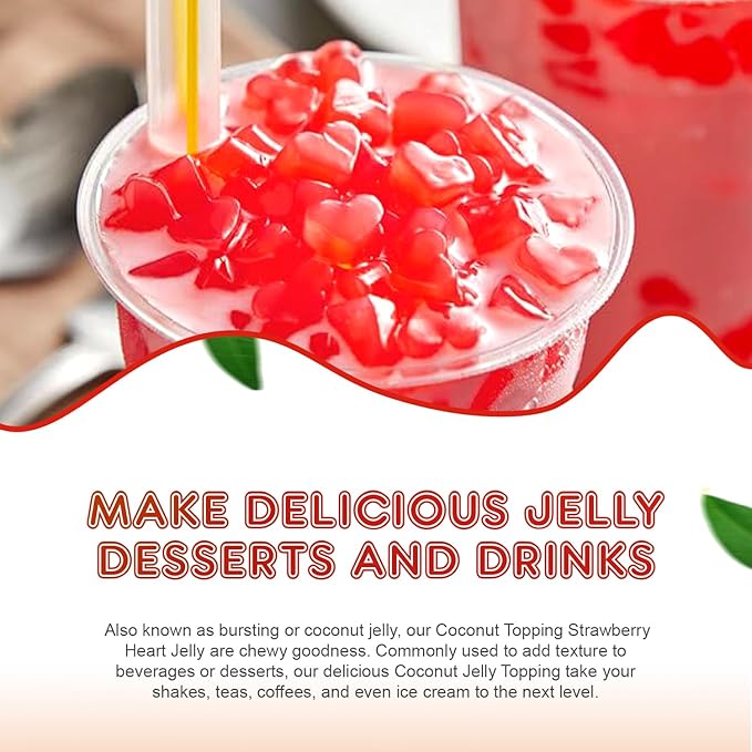 Fanale Coconut Jelly Topping nata de coco for Boba Tea | Ice Cream | Yogurt | Smoothie | Milk Tea | Desserts Strawberry Heart Shaped, 6.6 pound (Pack of 4) | JEL026-CS