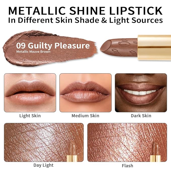 Oulac Brown Lipstick for Women with Metallic 3D Shine Lightweight Hydrating Formula, High Impact Lip Color, Vegan Beauty, Full Coverage Lip Makeup, Christmas Gifts for Women, Guilty Pleasure (09)
