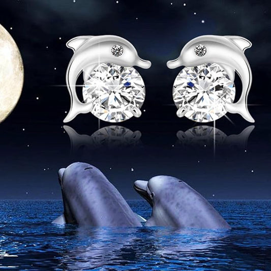 Silver Dolphin CZ Earrings Cute Animal Stud Earrings Tiny Earring Jackets Gifts for Women and Girls