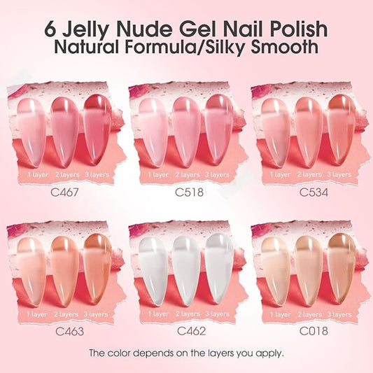 ROSALIND Jelly Gel Polish Set with Matte and Glitter Gel Top Coat, 6 Translucent Colors Neutral Sheer Milky White Nude Pink base Gel Nail Polish set Nail Art DIY at Home