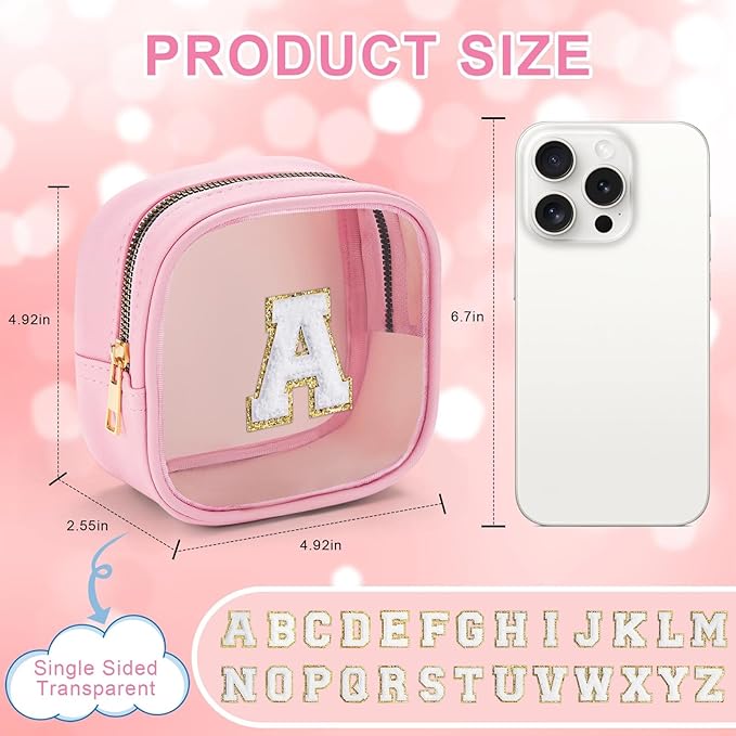 YOOLIFE Mini Initial Makeup Bag | Travel Toiletry Bag | Clear Makeup Bag | Travel Essentials Gifts for Women Teen Girlfriend Teacher Birthday Gifts | Clear Toiletry Bag Small Mini Cosmetic Bag Pink M