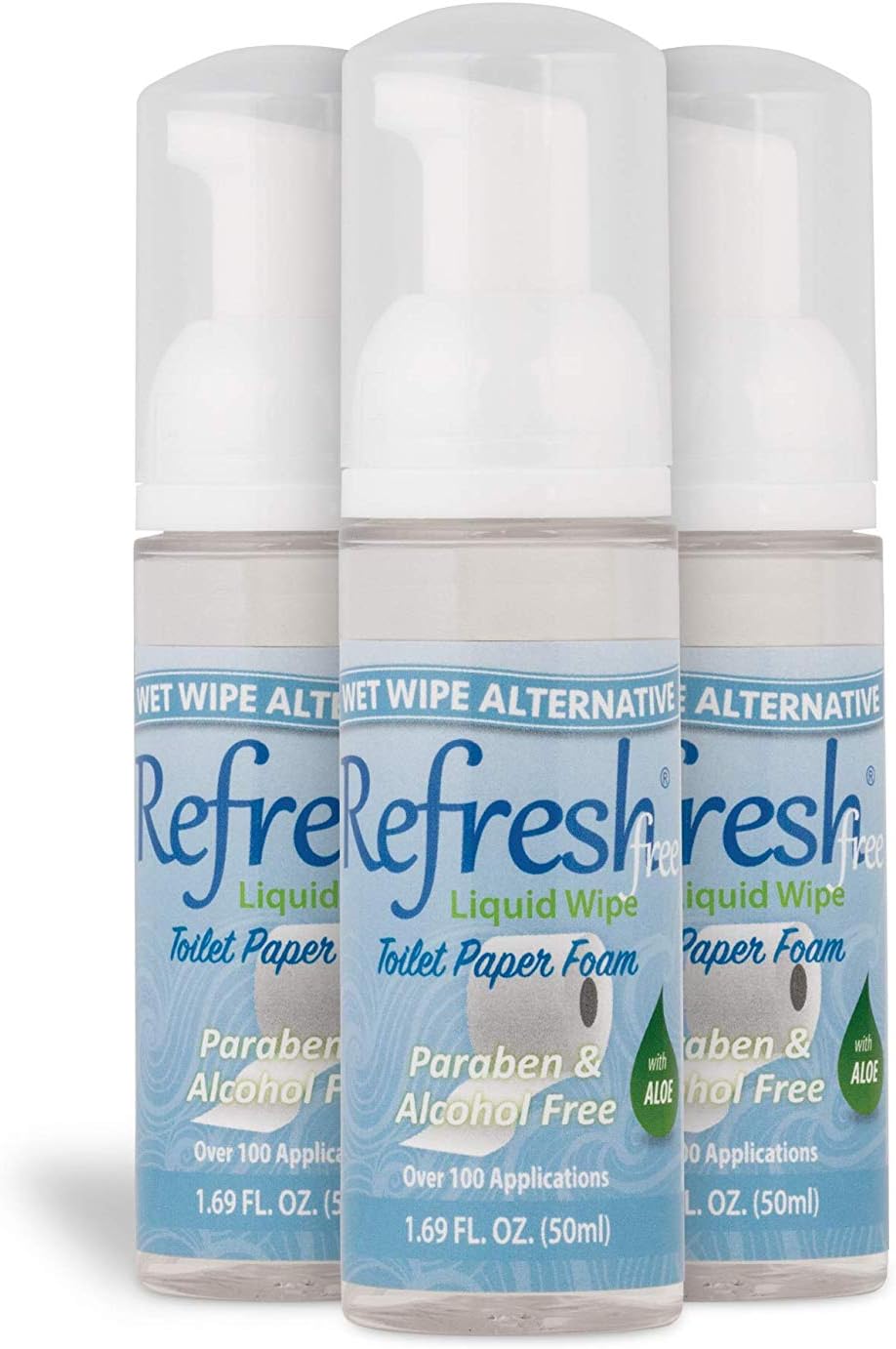 Refresh Liquid Wipe Toilet Paper Foam 3 Pack (50ml Each, 1.69 fl oz) – Eco-Friendly Flushable Wet Wipe Alternative for Sensitive Skin with Aloe & Witch Hazel – Plumbing Safe & Alcohol Free