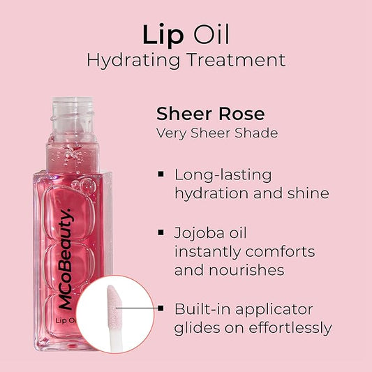 MCoBeauty Lip Oil Hydrating Treatment, Sheer Rose, Moisturizing Shine for Naturally Beautiful Lips, Vegan, Cruelty Free Cosmetics