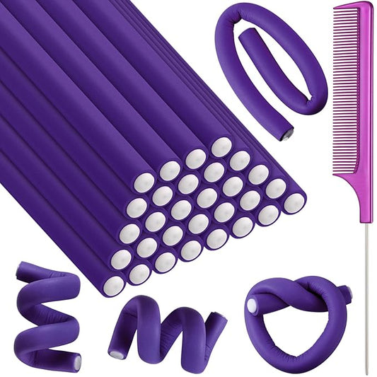 Syhood 30 Pcs 7'' Flexible Curling Rods Twist Foam Hair Rollers Soft Foam No Heat Hair Rods Rollers and 1 Steel Pintail Comb Rat Tail Comb for Women Long Short Hair(Purple,7 x 0.47 Inch)