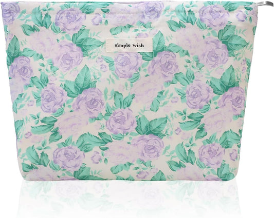 Wudygirl Makeup Bag Floral Cosmetic Bag Toiletry Bag for Women Large Capacity Makeup Pouch Canvas Pencil Pouch Cute Make up Organizer with Zipper (Light Purple Rose)