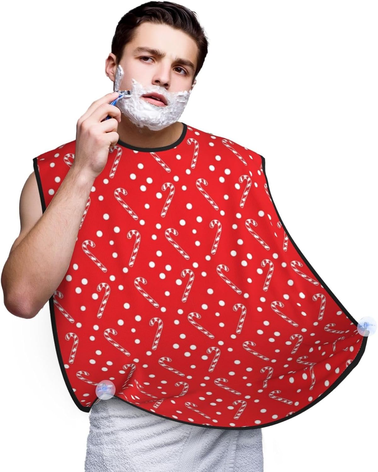 Men's Beard Maintenance Apron, Waterproof & Easy Clean, Christmas Polka Dots Candy Cane Red