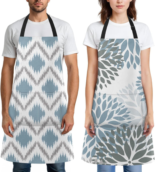 2 Pack Aprons, Powder Blue Dahlia Chevron Adjustable Bib Aprons with 2 Pockets for Women Men Couple Lovers Chef Home Kitchen Cooking Baking Gardening Flower Geometric Plaid Apron 32x28 Inches