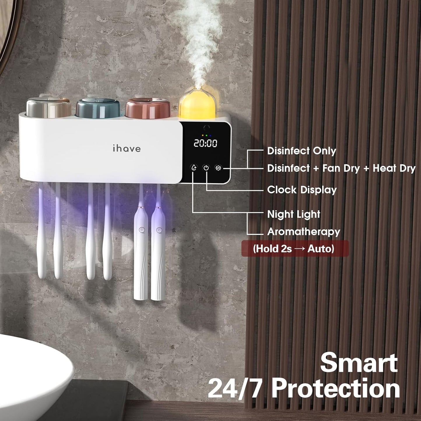 iHave Toothbrush Holders with UV Toothbrush Sanitizer, Aromatherapy Diffuser & IR Night Light - 4-Hour Smart Cruise Disinfection, Auxiliary Combo Drying - Wall-Mounted Bathroom Organizer with 3 Cups